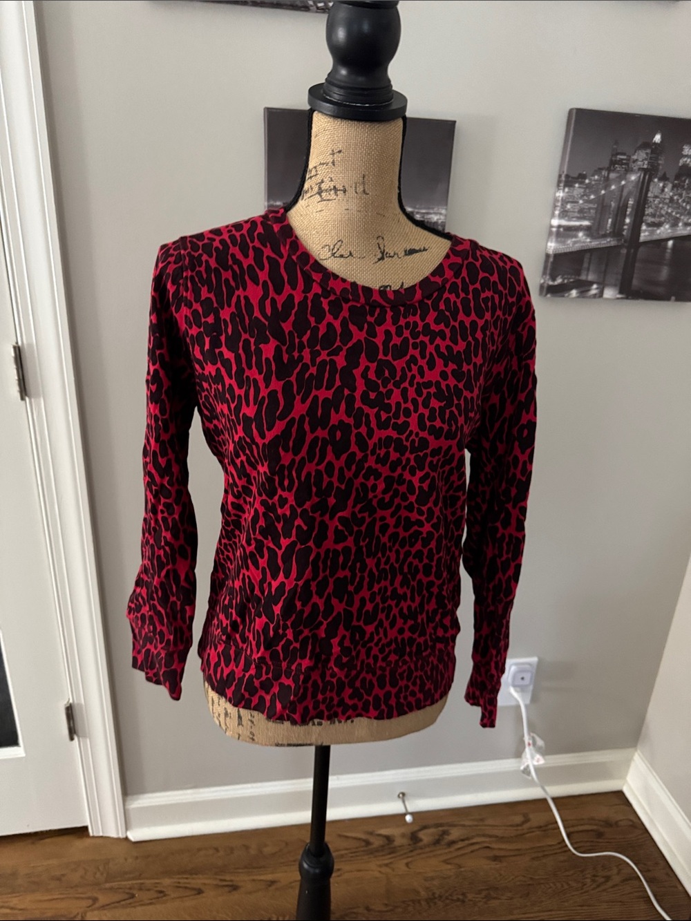 MOTHER Red and Black Leopard Crewneck Sweater